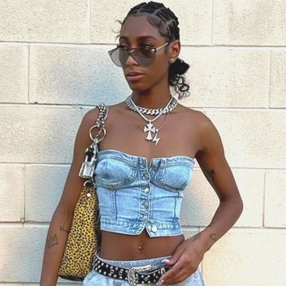 Zara Light Blue Denim Strapless Top - Picture 1 of 16